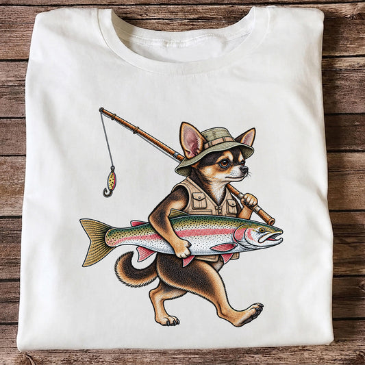 Chihuahua Angler Carrying Rainbow Trout and Fishing Rod Graphic T-Shirt