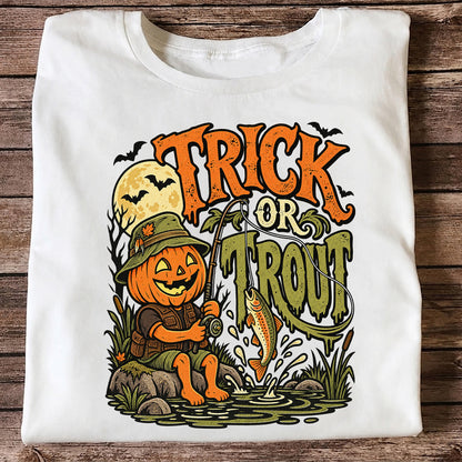 Trick or Trout Pumpkin Angler Halloween Fishing T-Shirt
