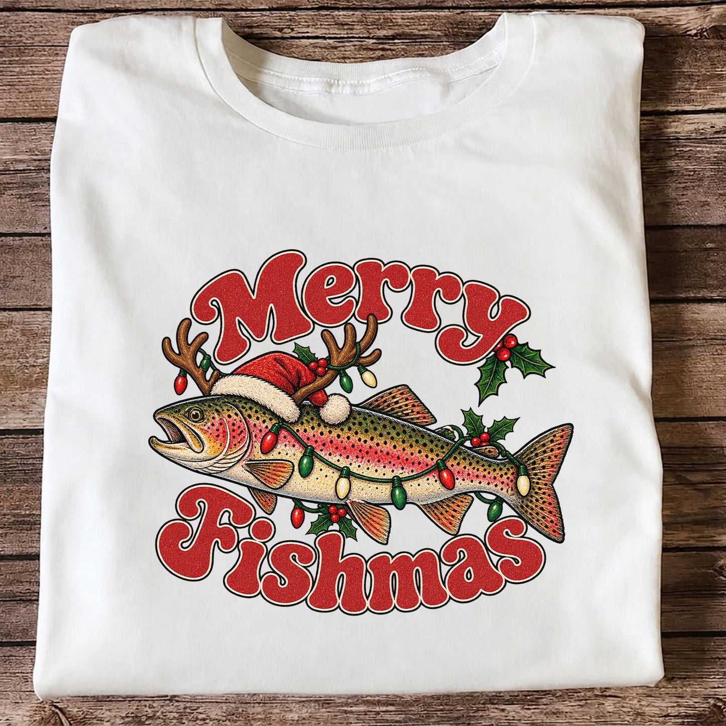 Merry Fishmas Reindeer Rainbow Trout Christmas Fishing T-Shirt