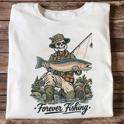 Forever Fishing Skeleton Angler with Rainbow Trout Graphic T-Shirt