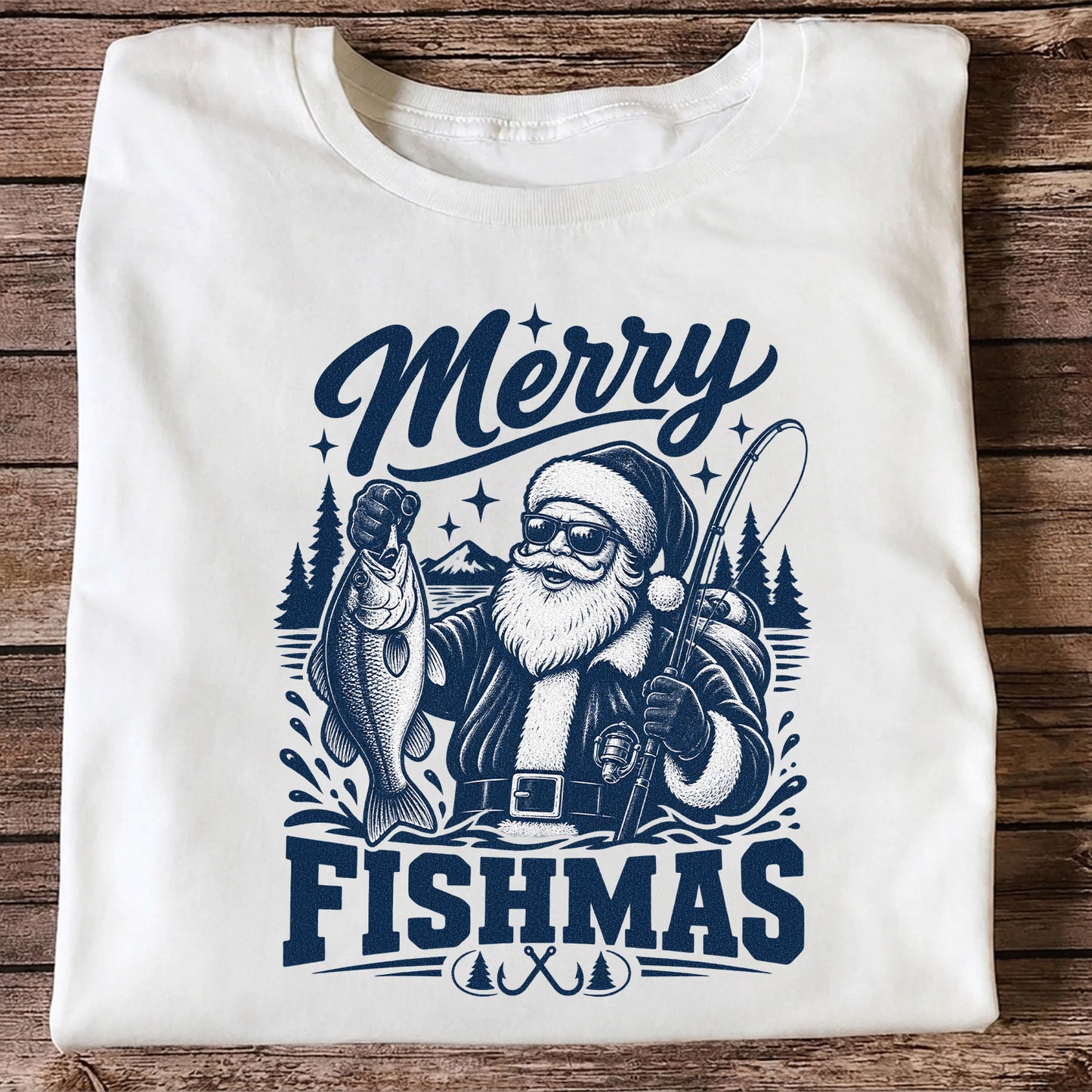 Merry Fishmas Santa Fishing Christmas Graphic T-Shirt