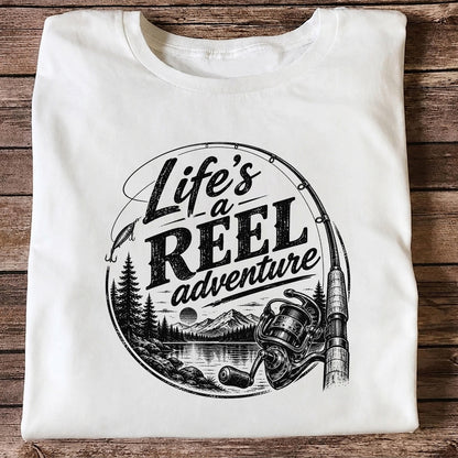 Life's a Reel Adventure Fishing Rod and Mountain Lake T-Shirt
