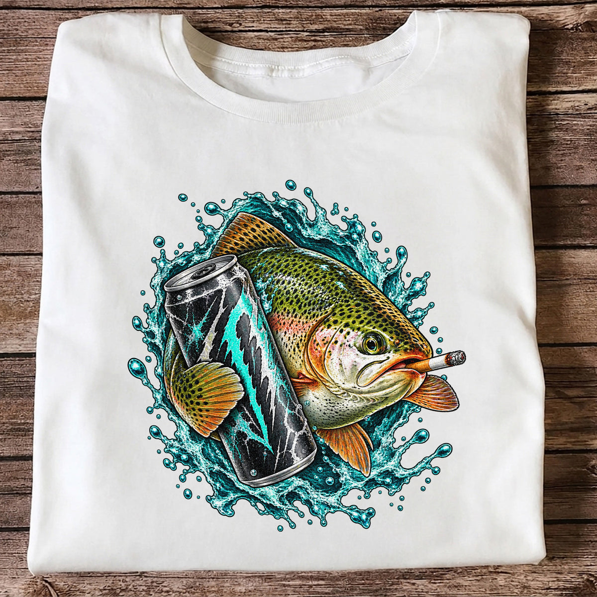 Rainbow Trout with Cigarette and Energy Drink Fishing T-Shirt