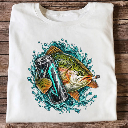Rainbow Trout with Cigarette and Energy Drink Fishing T-Shirt
