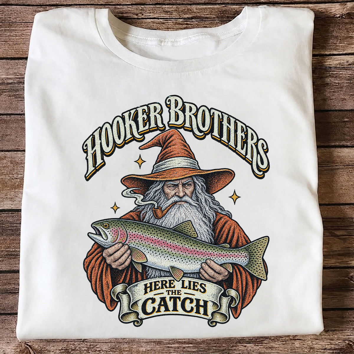 Hooker Brothers Here Lies the Catch Wizard Trout Fishing T-Shirt