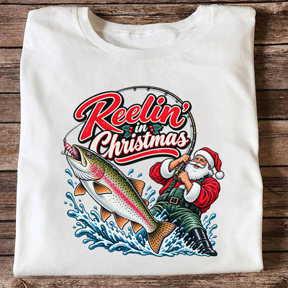 Reelin' in Christmas Santa Rainbow Trout Fishing T-Shirt
