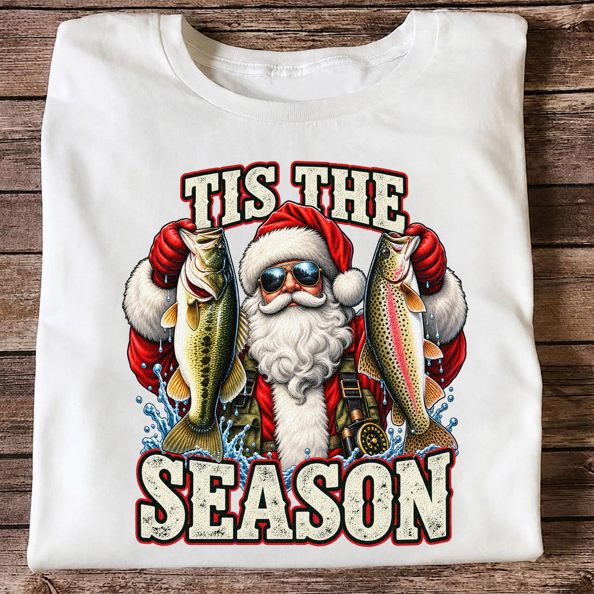 Tis the Season Santa Holding Bass and Rainbow Trout Christmas Fishing T-Shirt