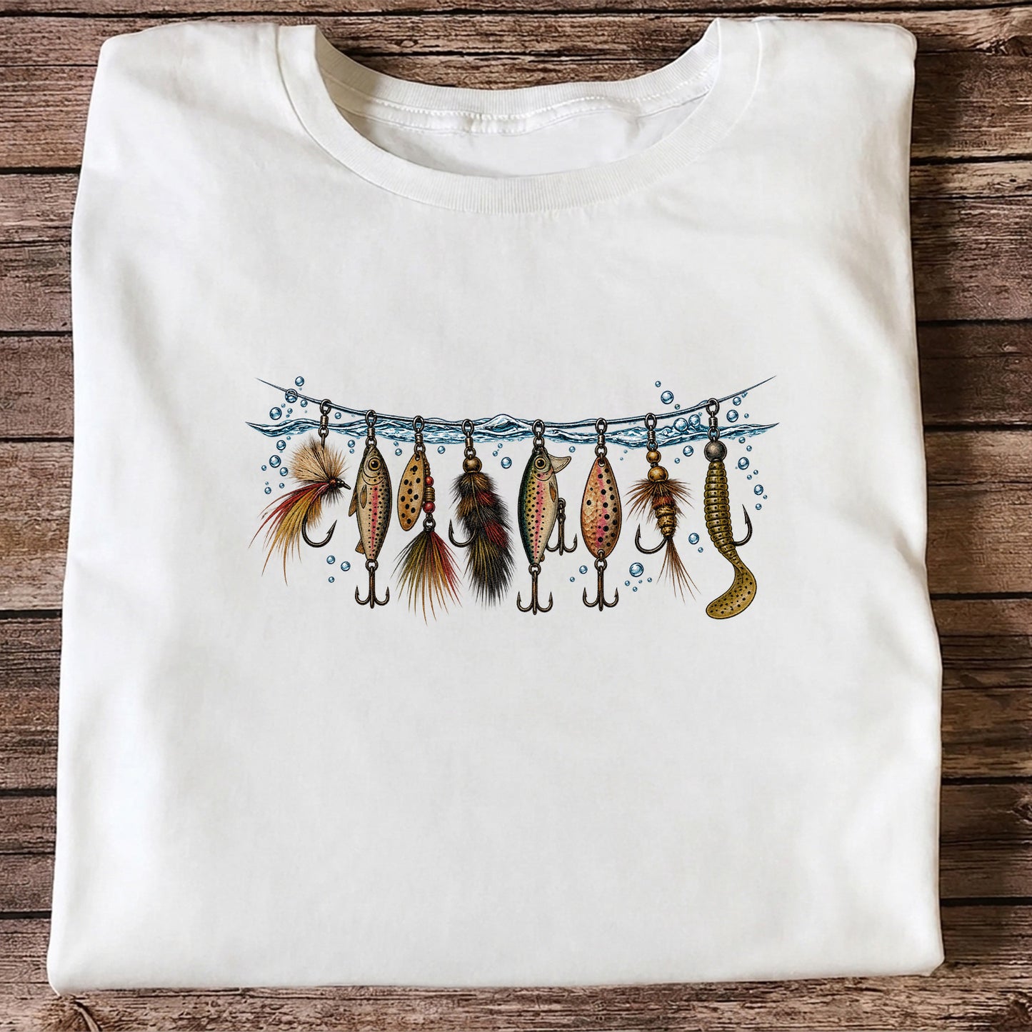 Vintage Fishing Lures Hanging from a Waterline Graphic T-Shirt
