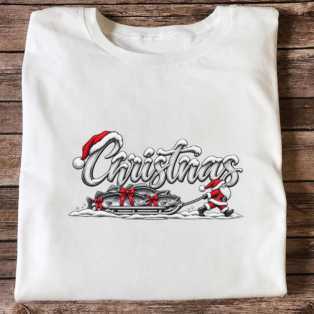 Christmas Santa Pulling Trout Fishing Sled Graphic T-Shirt