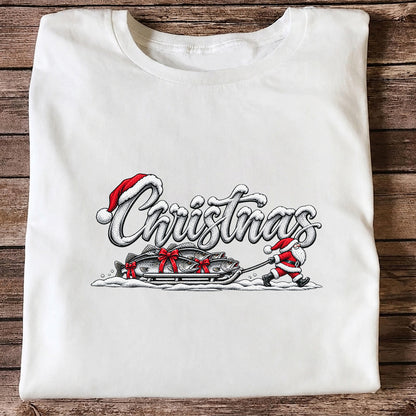 Christmas Santa Pulling Trout Fishing Sled Graphic T-Shirt