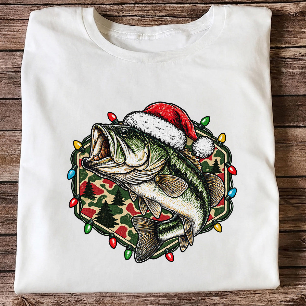 Santa Hat Largemouth Bass Christmas Fishing Graphic T-Shirt