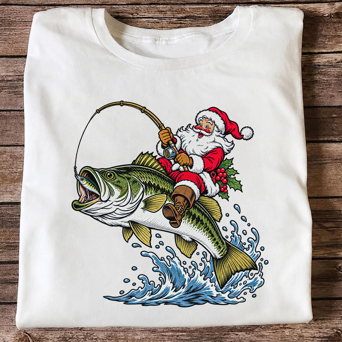 Santa Claus Riding a Bass Christmas Fishing Graphic T-Shirt