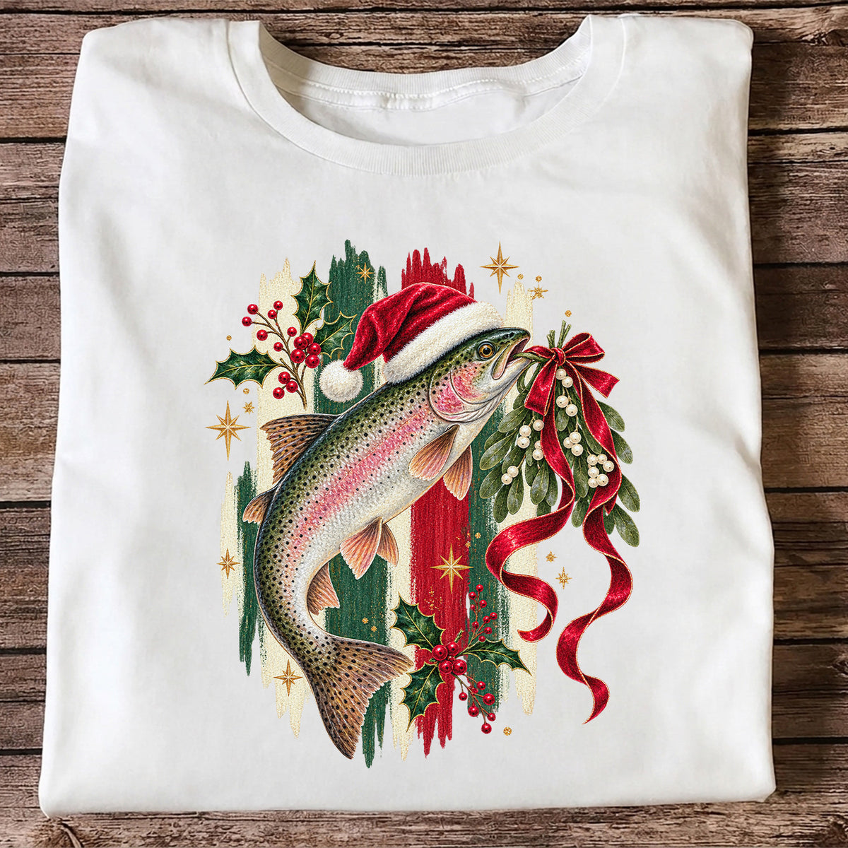Christmas Santa Hat Rainbow Trout Fishing Graphic T-Shirt