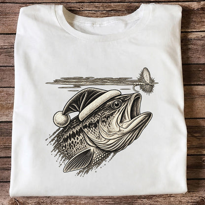 Santa Hat Bass Chasing a Fishing Fly Graphic T-Shirt