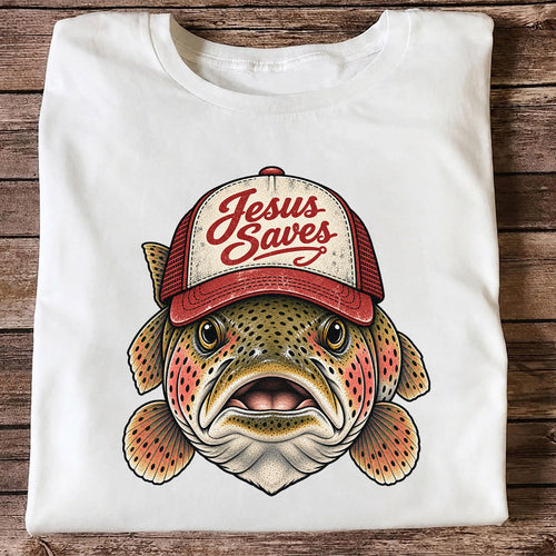 Jesus Saves Rainbow Trout in a Trucker Hat Fishing T-Shirt