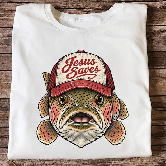 Jesus Saves Rainbow Trout in a Trucker Hat Fishing T-Shirt