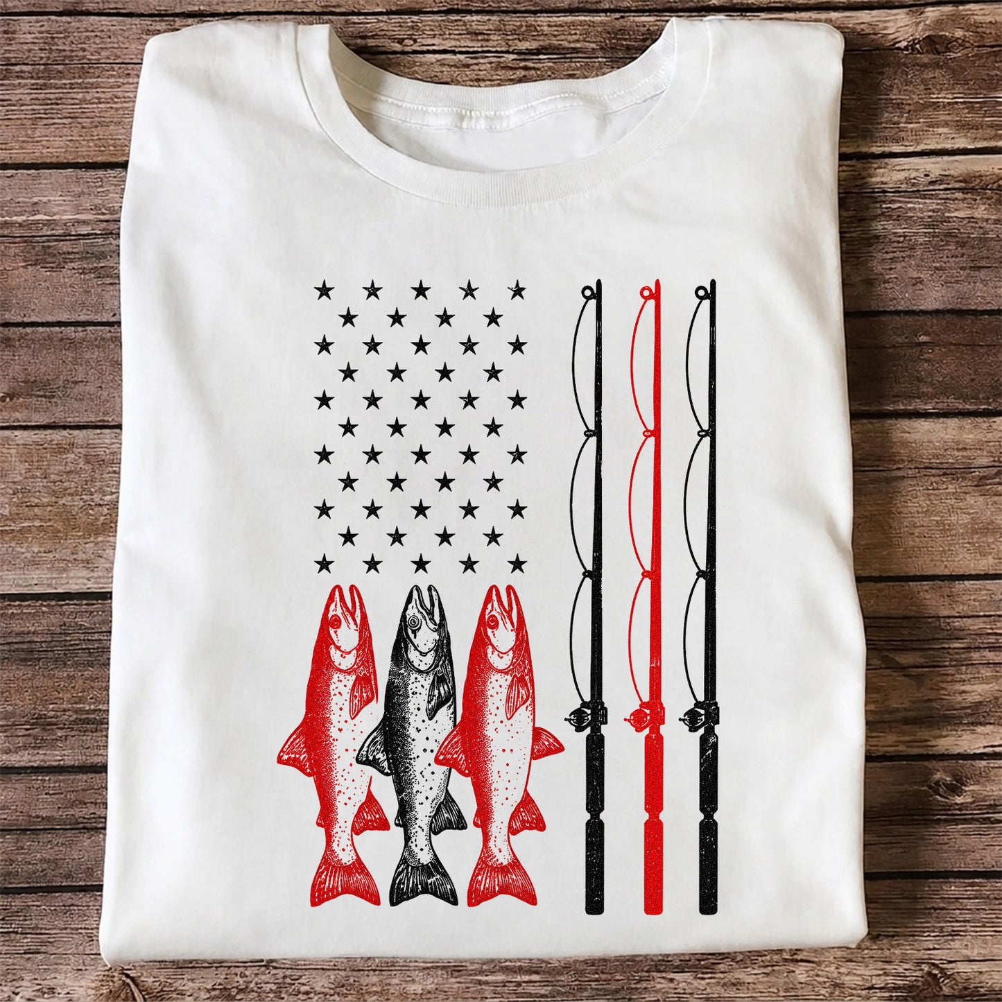 American Flag Trout and Fishing Rods Patriotic T-Shirt