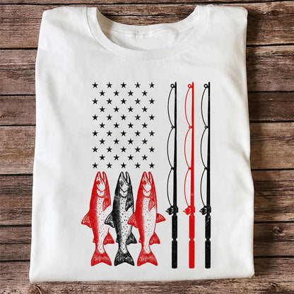 American Flag Trout and Fishing Rods Patriotic T-Shirt