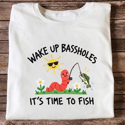 Wake Up Bassholes Funny Worm and Bass Fishing Graphic T-Shirt