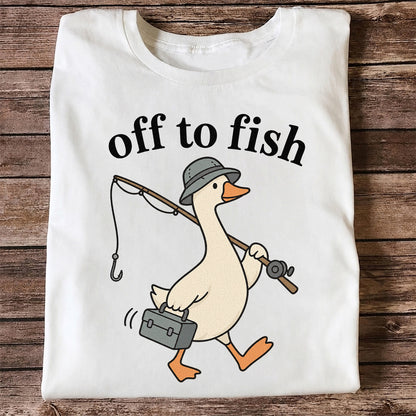 Off to Fish Funny Fishing Goose Graphic T-Shirt