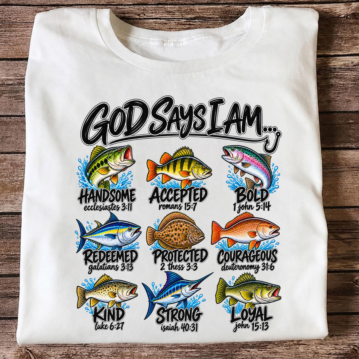 God Says I Am Christian Fish and Bible Verse Fishing Graphic T-Shirt