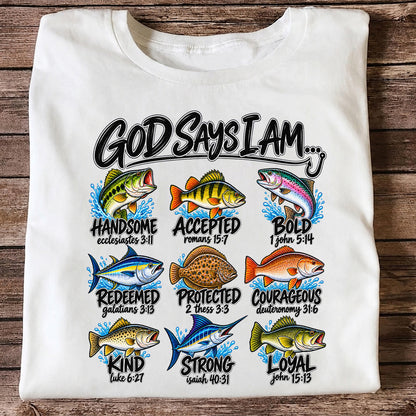 God Says I Am Christian Fish and Bible Verse Fishing Graphic T-Shirt