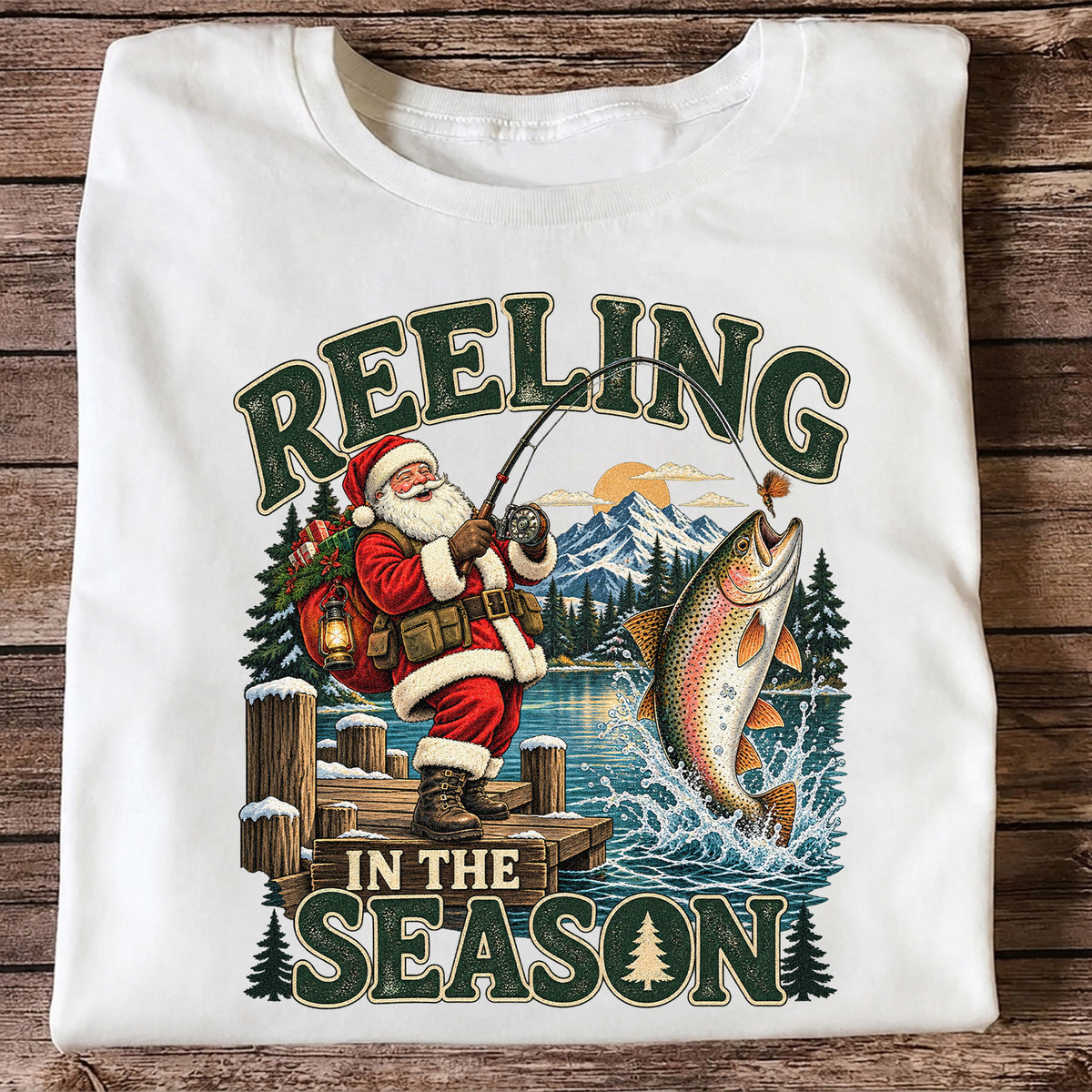 Reeling in the Season Santa Fishing for Rainbow Trout Christmas T-Shirt
