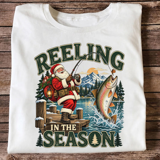 Reeling in the Season Santa Fishing for Rainbow Trout Christmas T-Shirt