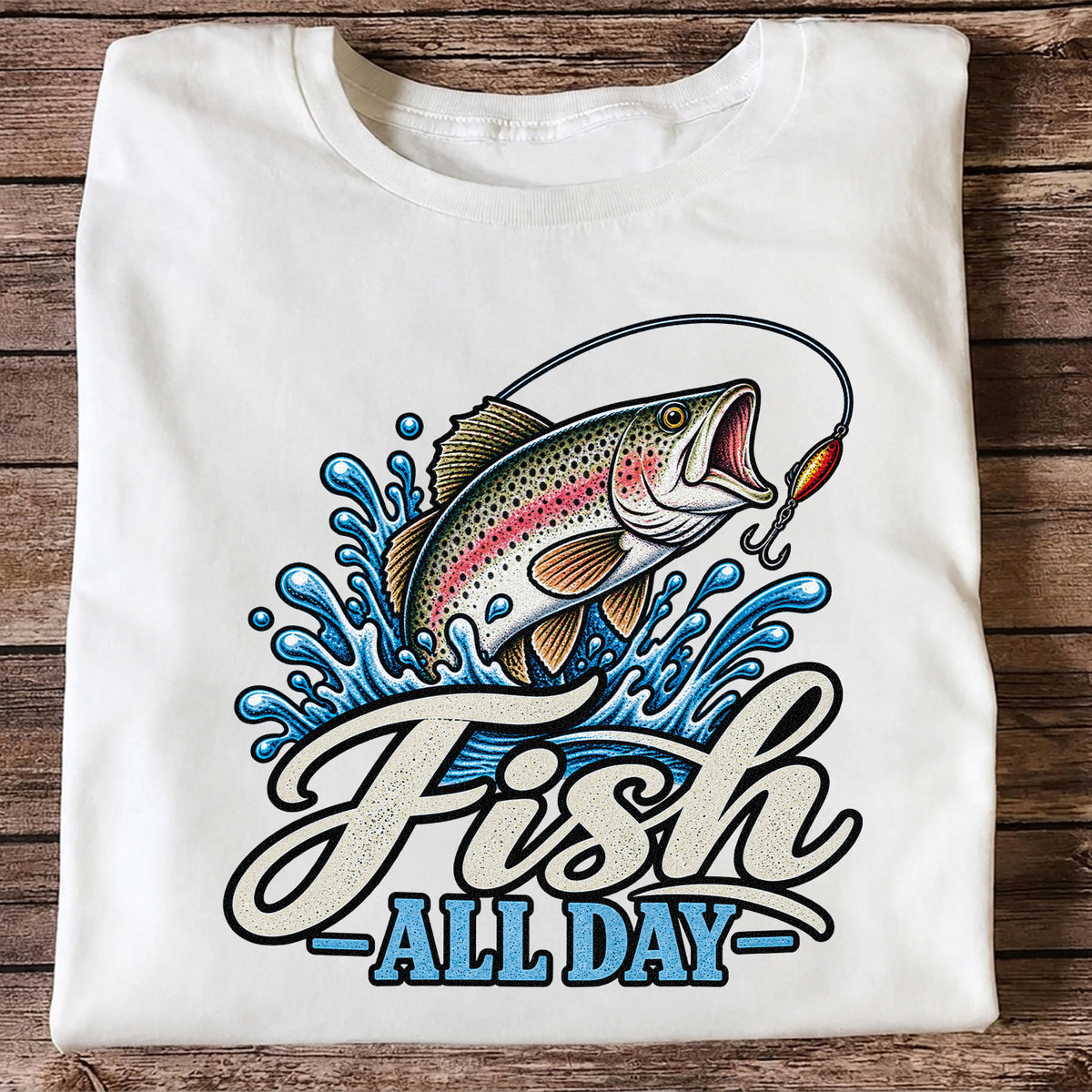 Fish All Day Jumping Rainbow Trout Fishing Graphic T-Shirt