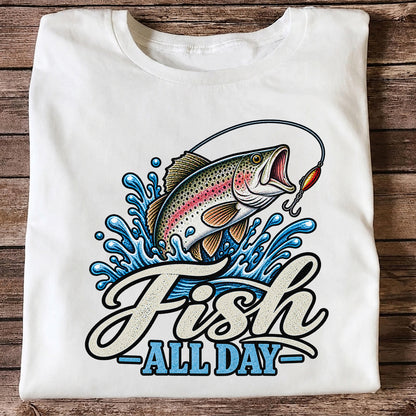 Fish All Day Jumping Rainbow Trout Fishing Graphic T-Shirt