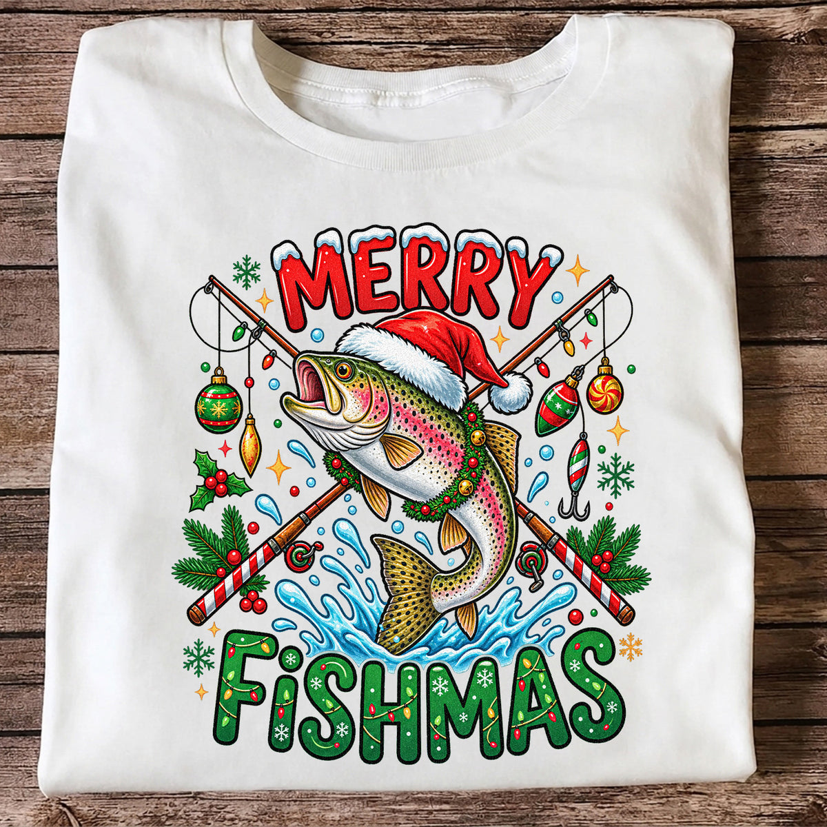 Merry Fishmas Santa Trout Christmas Fishing Graphic T-Shirt