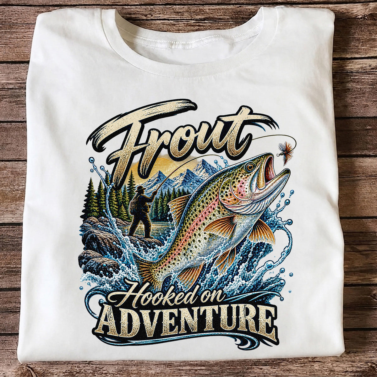 Trout Hooked on Adventure Mountain Fly Fishing T-Shirt