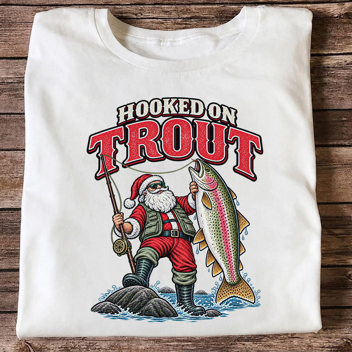 Hooked on Trout Santa Claus Rainbow Trout Christmas Fishing T-Shirt