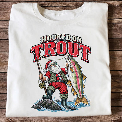 Hooked on Trout Santa Claus Rainbow Trout Christmas Fishing T-Shirt