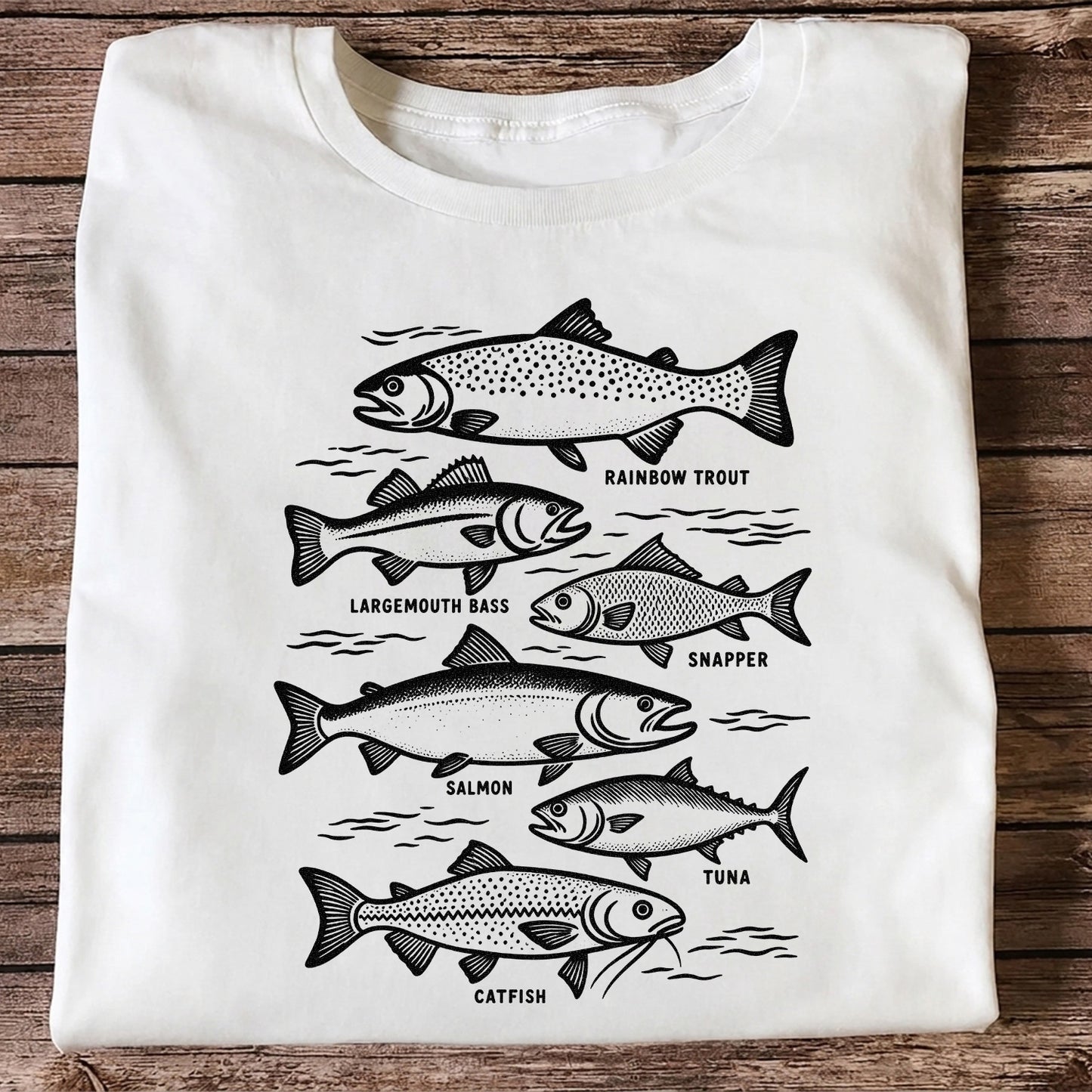 Rainbow Trout, Largemouth Bass, Snapper, Salmon, Tuna and Catfish Fishing Graphic T-Shirt