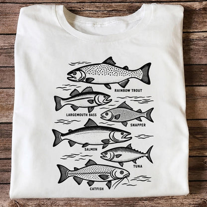 Rainbow Trout, Largemouth Bass, Snapper, Salmon, Tuna and Catfish Fishing Graphic T-Shirt