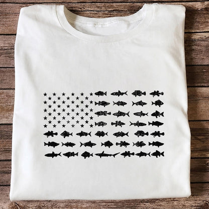 American Flag Made of Fish Silhouettes Fishing Graphic T-Shirt