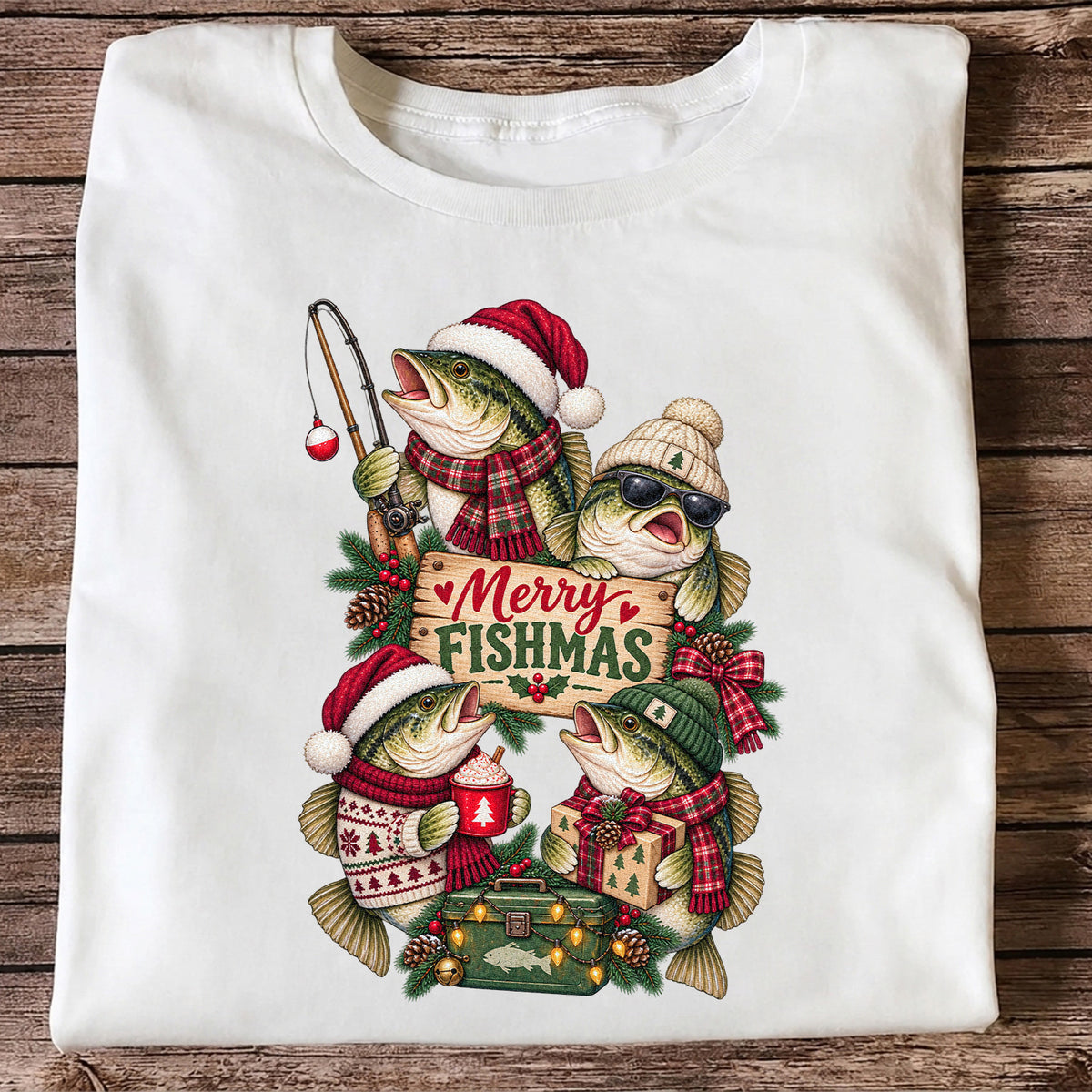 Merry Fishmas Bass Christmas Fishing Graphic T-Shirt