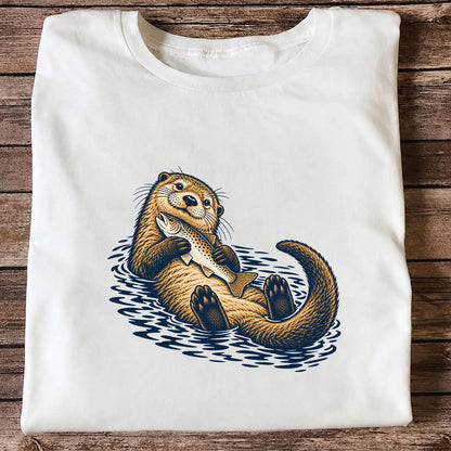 Cute Otter Holding Fish Hand Drawn Fishing Graphic T-Shirt
