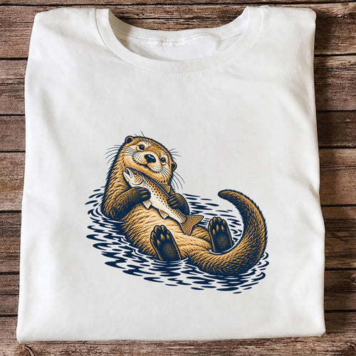 Cute Otter Holding Fish Hand Drawn Fishing Graphic T-Shirt