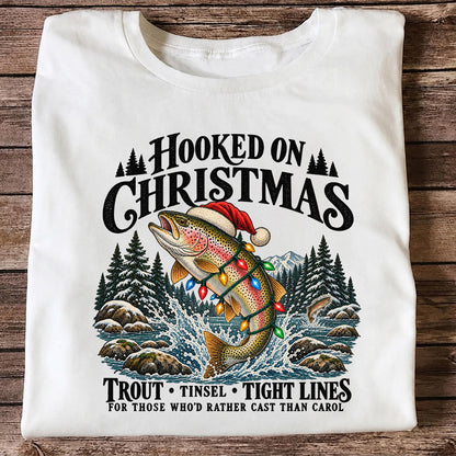 Hooked on Christmas Rainbow Trout Fishing Graphic T-Shirt