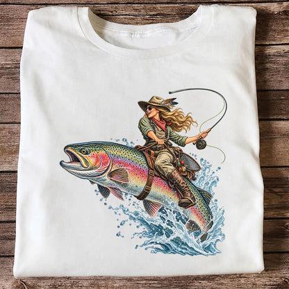 Cowgirl Riding a Rainbow Trout Fly Fishing Graphic T-Shirt