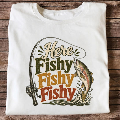 Here Fishy Fishy Fishy Rainbow Trout and Fishing Rod Retro T-Shirt