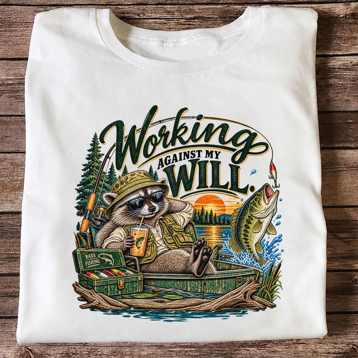 Working Against My Will Raccoon Bass Fishing T-Shirt