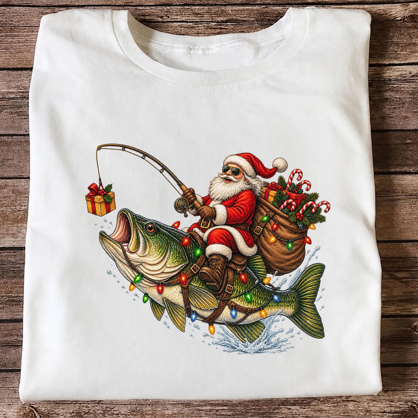 Santa Riding a Largemouth Bass Christmas Fishing Graphic T-Shirt