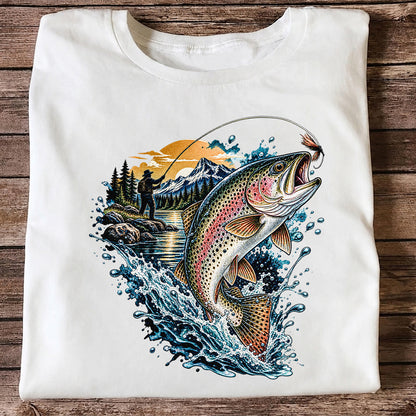 Leaping Rainbow Trout Mountain River Fly Fishing Graphic T-Shirt