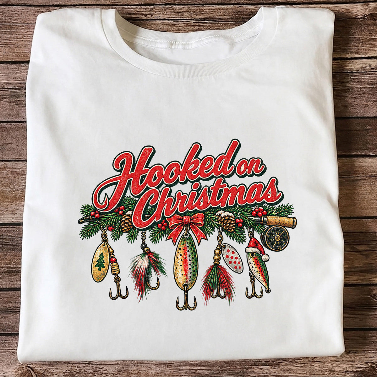 Hooked on Christmas Fishing Lure Ornaments Graphic T-Shirt
