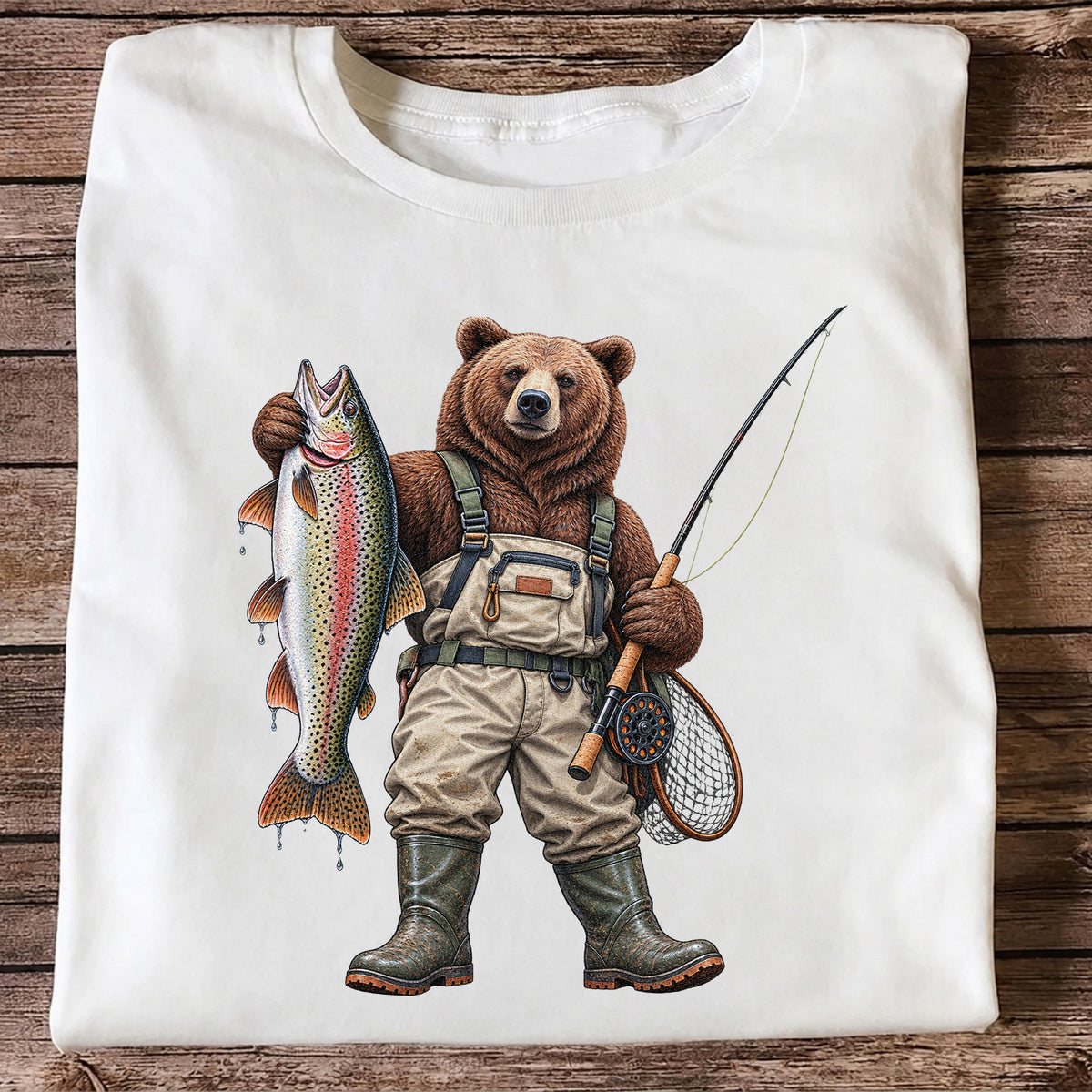 Bear Fishing with Rainbow Trout Outdoor Graphic T-Shirt