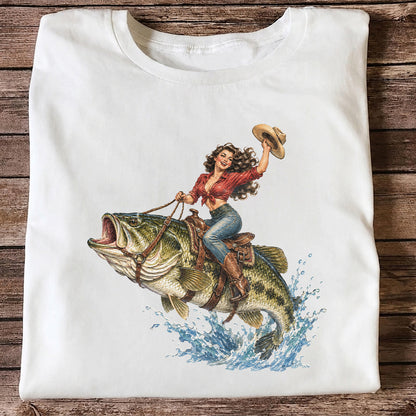 Vintage Cowgirl Riding a Largemouth Bass Fishing Graphic T-Shirt