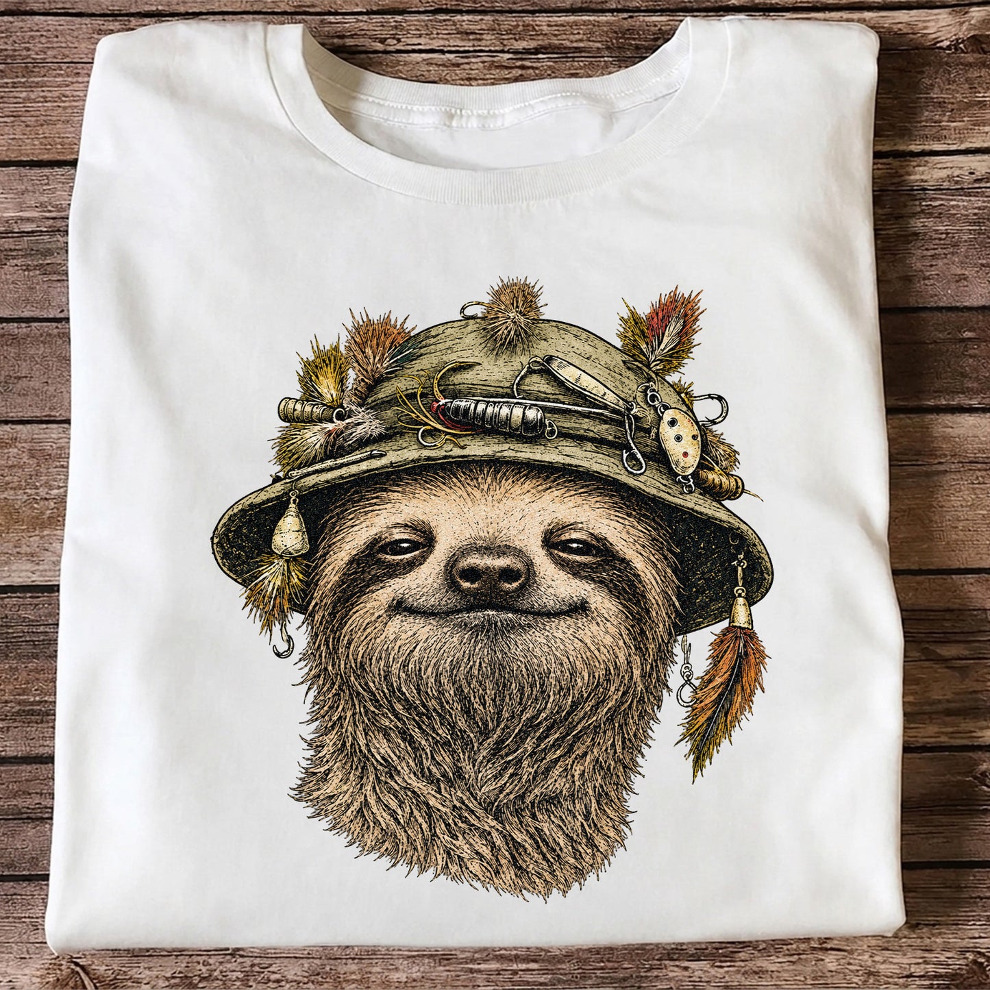 Sloth Wearing a Fishing Lure Hat Hand-Drawn Graphic T-Shirt